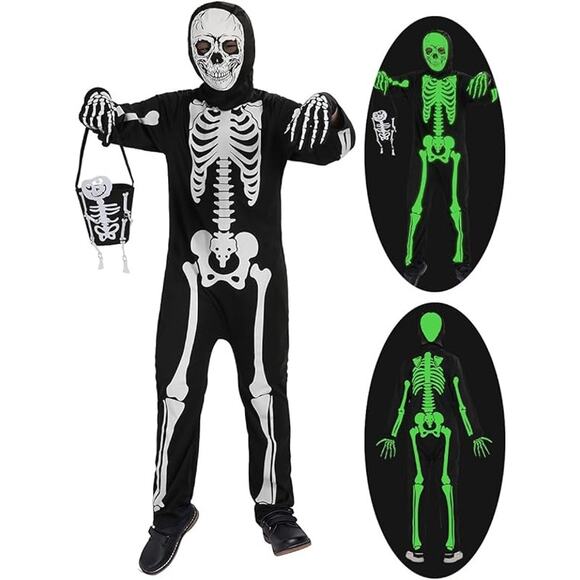 Glow in The Dark Skeleton Costume 2 Piece Set includes Jumpsuit Treat Bag size M - Picture 1 of 6